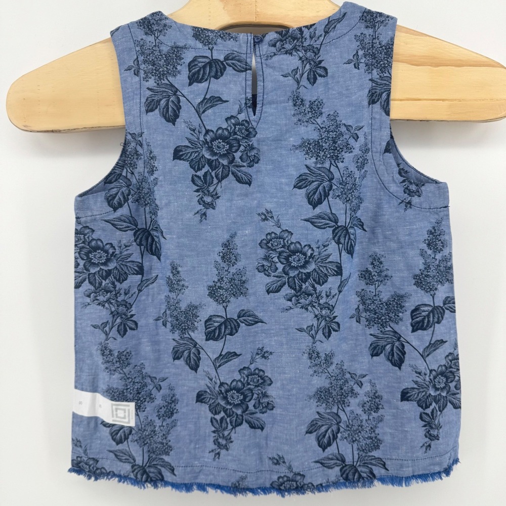 Liz Claiborne Tank Top Small Blue Floral Linen Cotton Sleeveless Fringed Hem - Picture 2 of 7